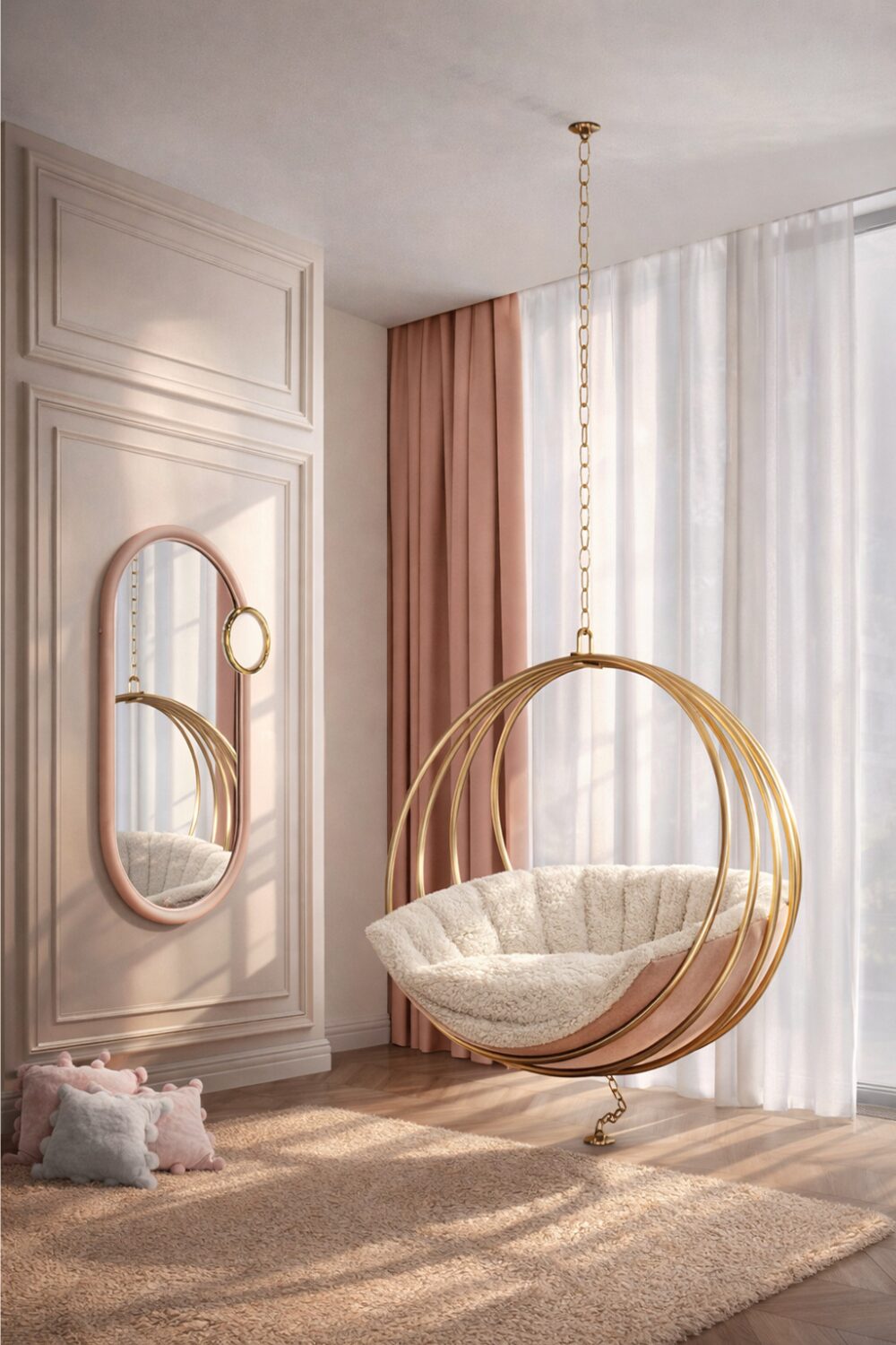 White room with circular gold chair suspended from ceiling, pink curtains and oval mirror