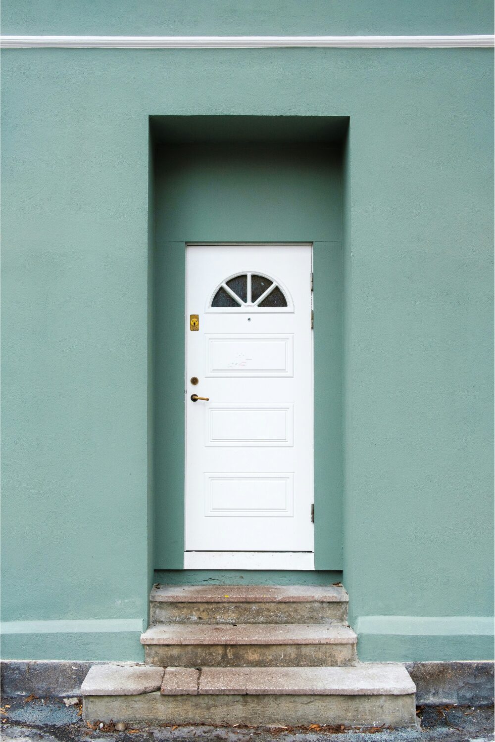 White front door with stone steps in green wall