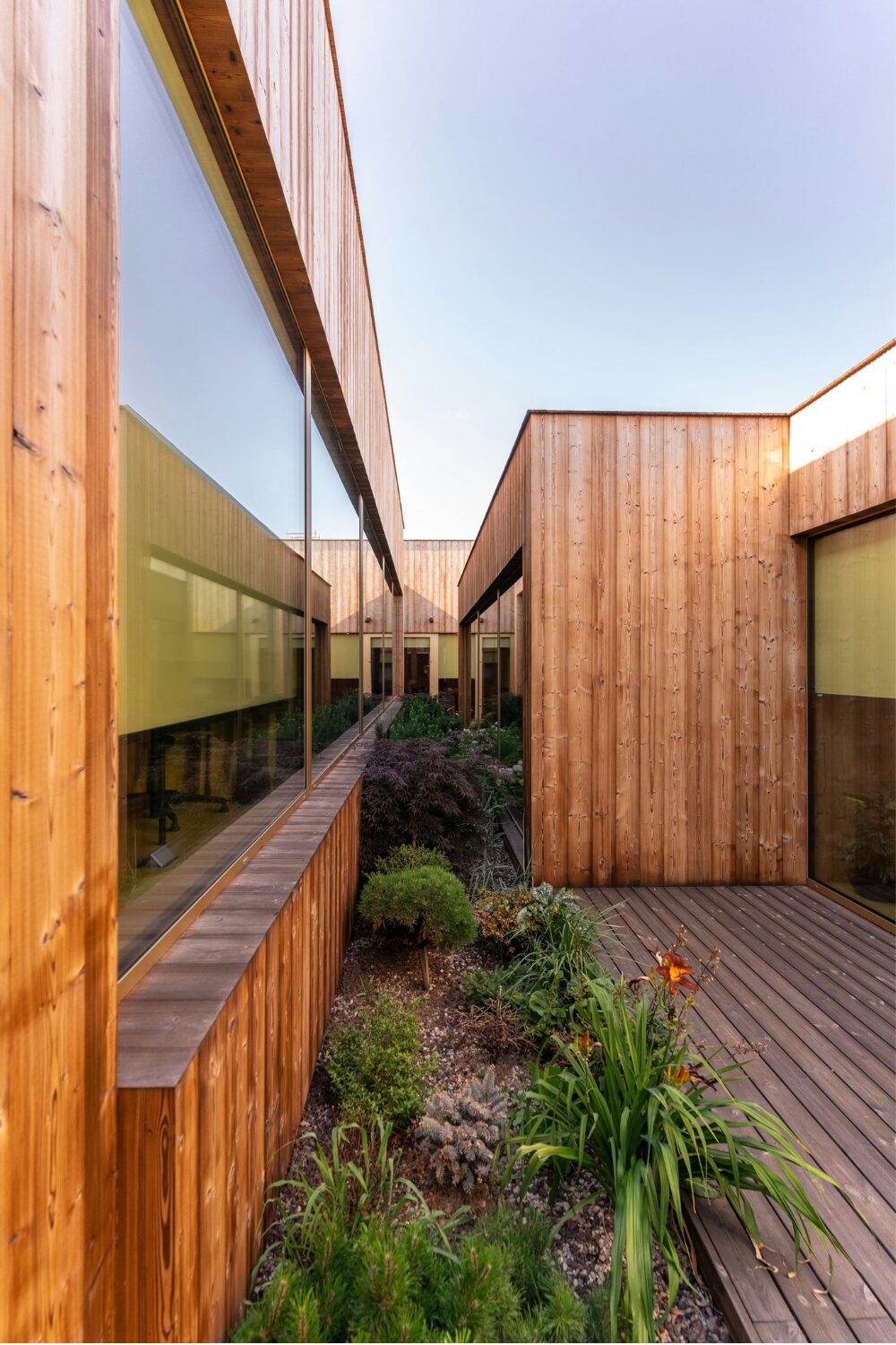 Wooden garden building on wooden decking with flowerbeds