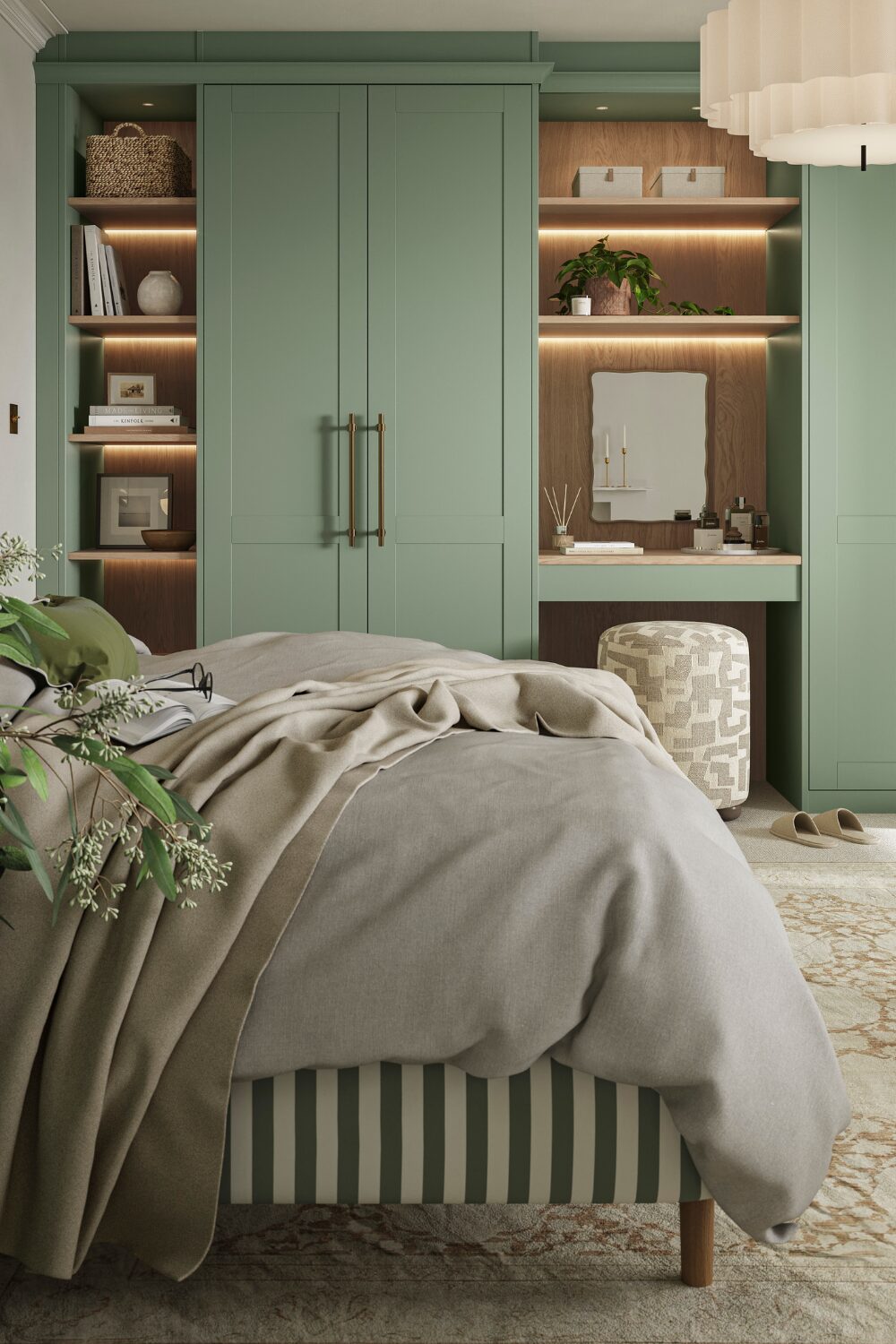White bedroom with beige bed and green built-in wardrobe with open shelving