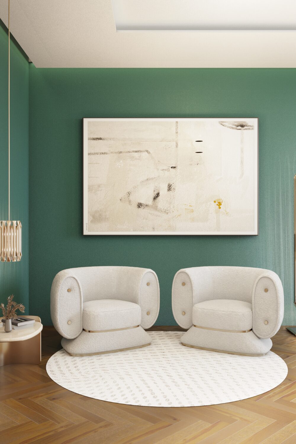 Two white armchairs on circular white rug in turquoise room with wooden floor