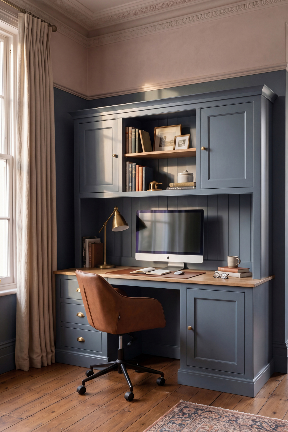 Brown chair at blue desk unit with built-in cupboards and shelves holding books and photo frames