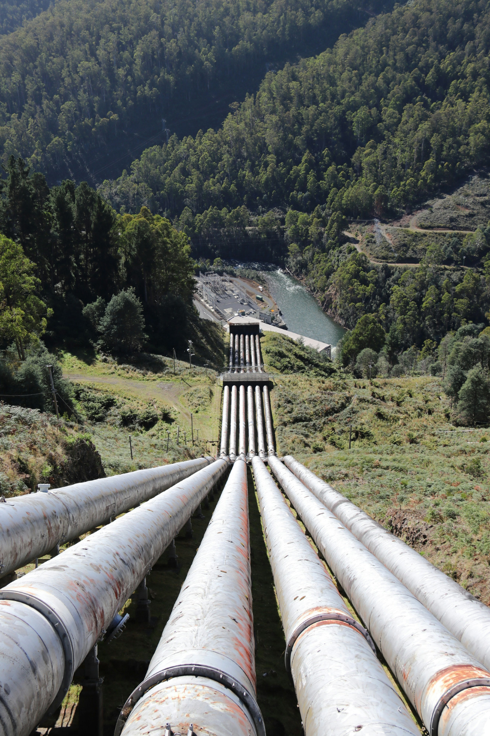 Line of silver pipes running down green mountainside to river
