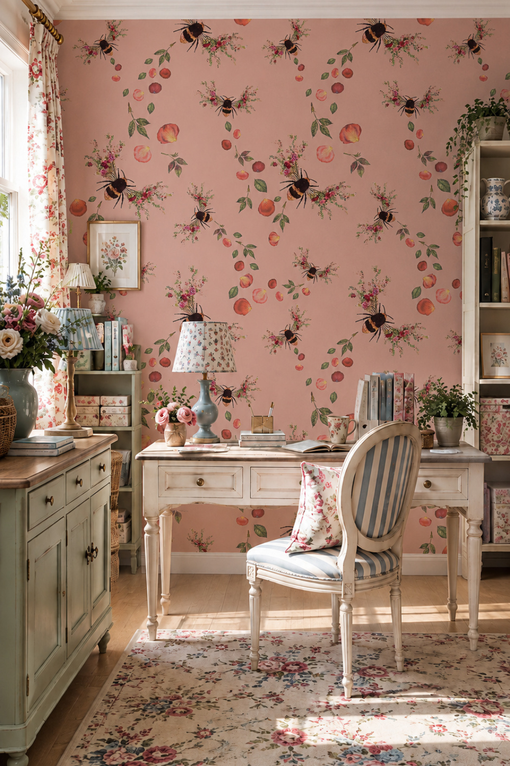 White desk and chair in office with pink bee design wallpaper and floral rug