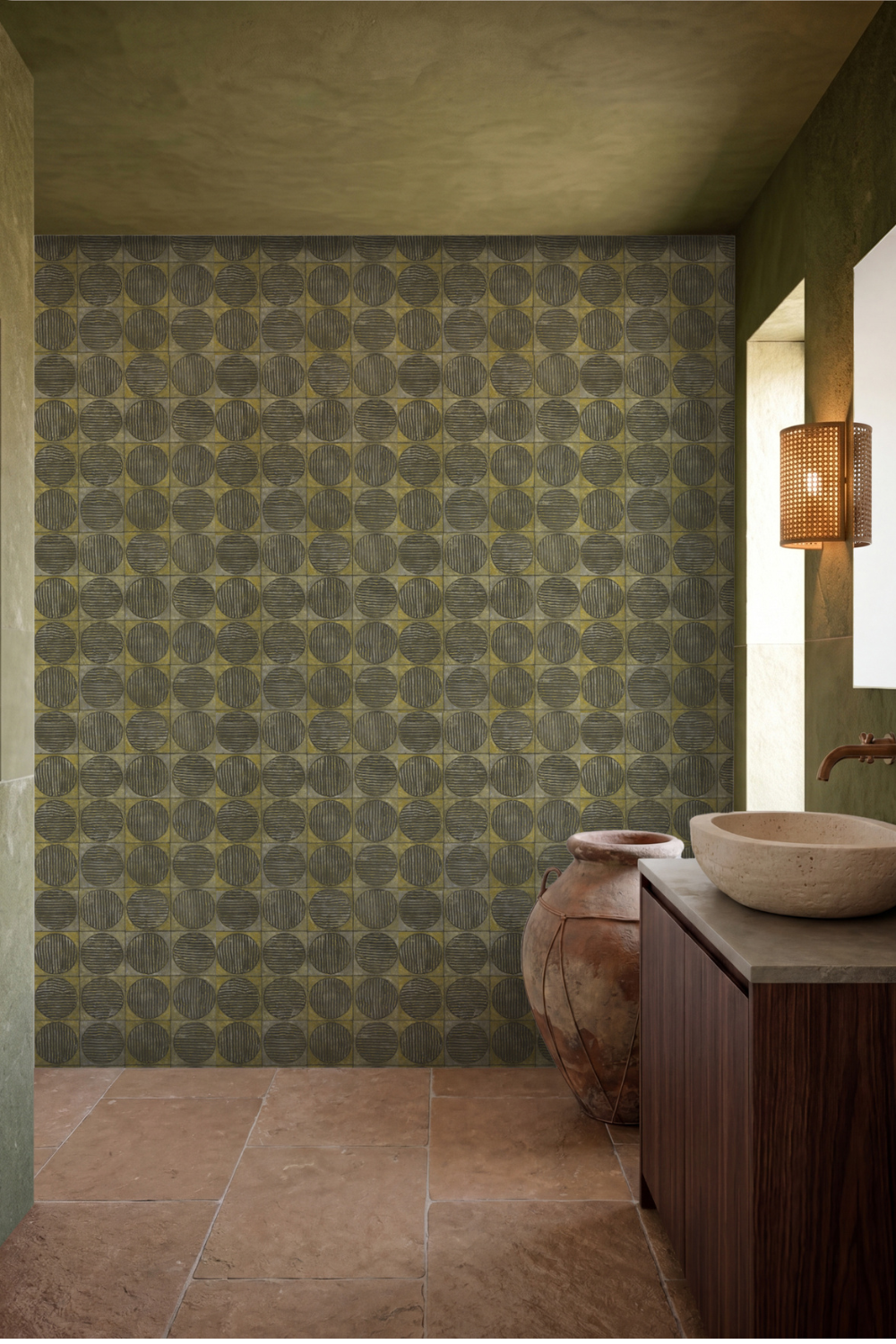 Bathroom with stone sink, large terracotta vase, green feature wall and stone floor