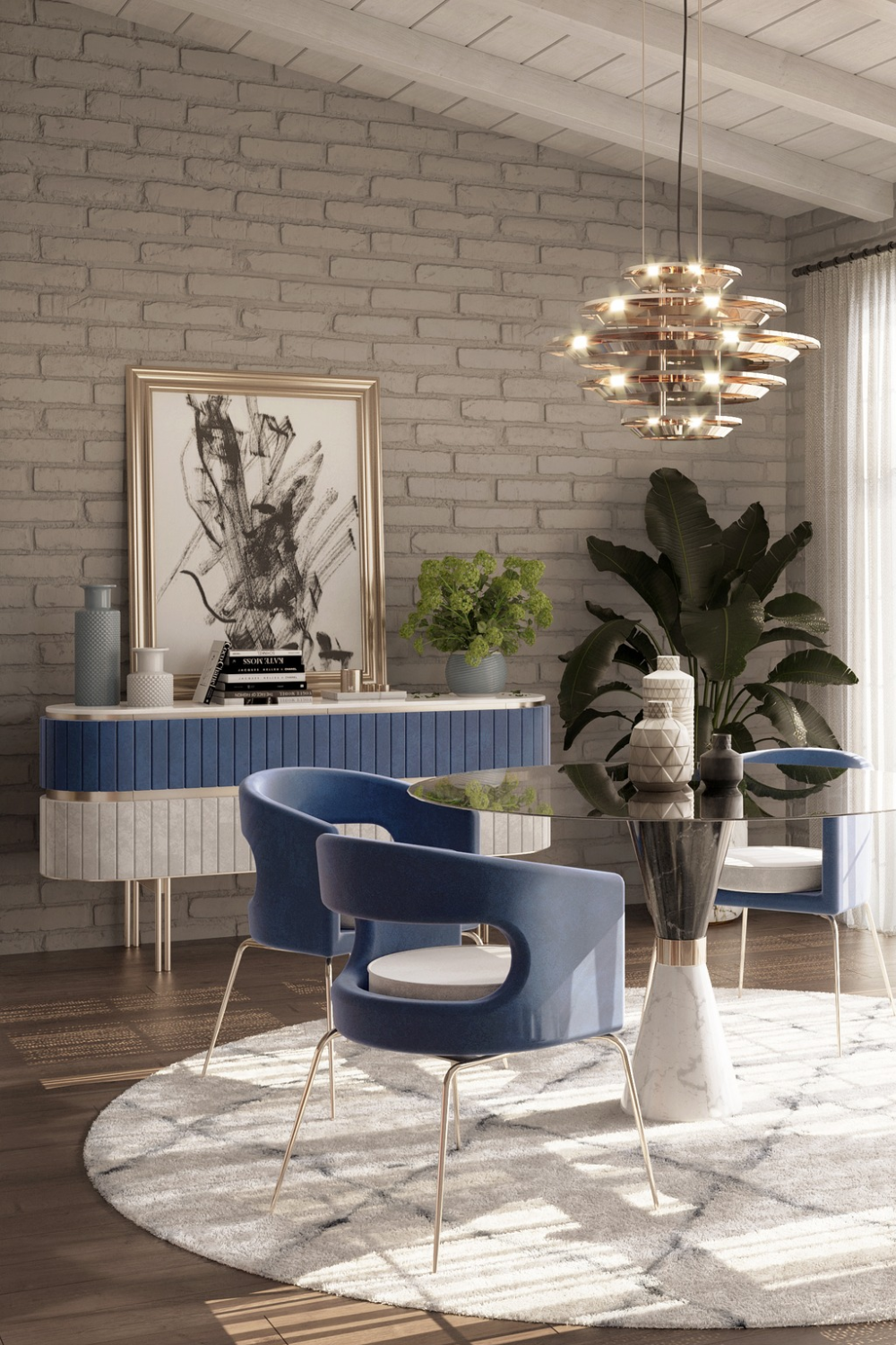 Blue chairs on white circular rug on wooden floor, blue & white sideboard, and exposed brick wall