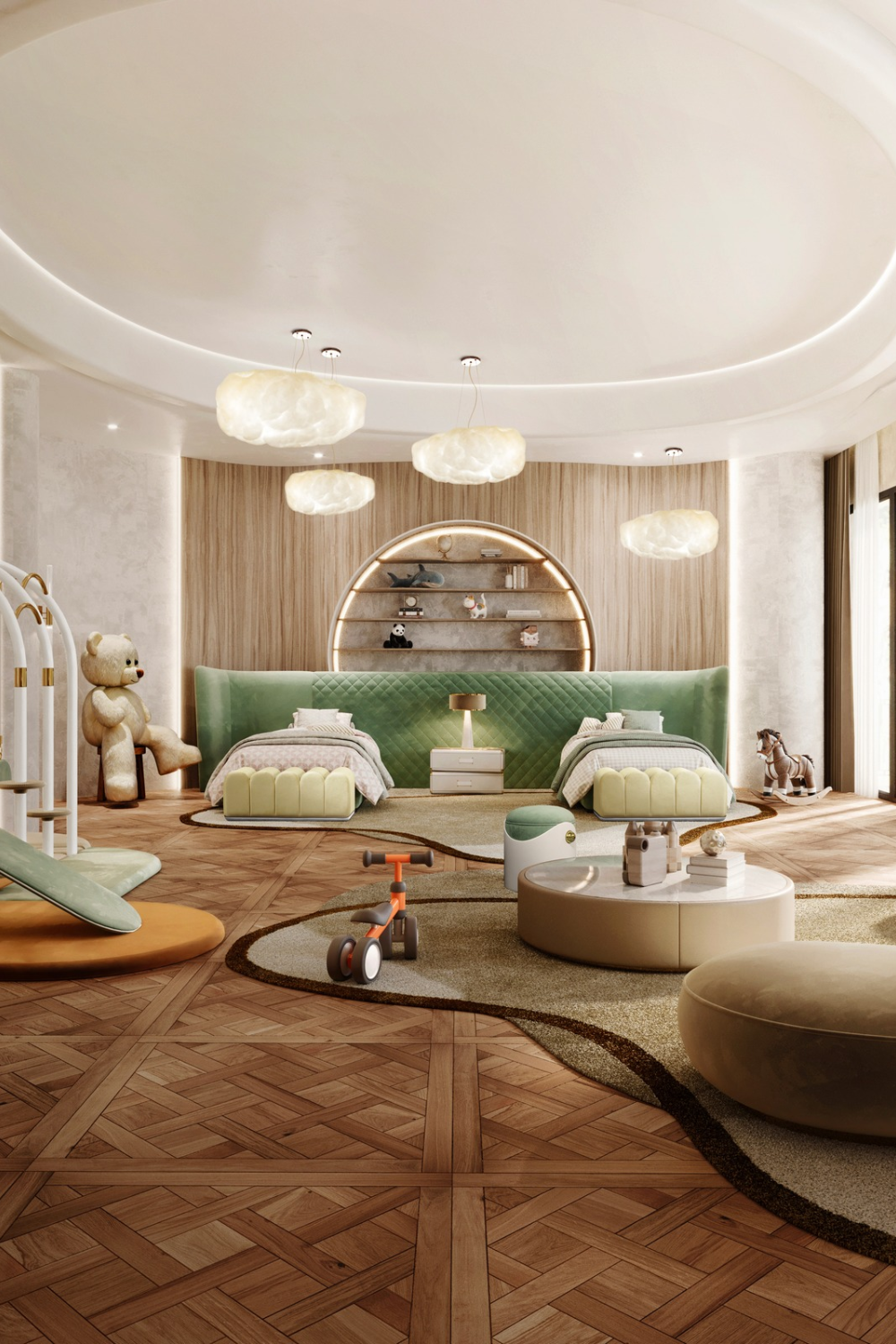 Children's bedroom with two beds, cloud-shaped lights, circular shelves, and curved rugs on wooden floors