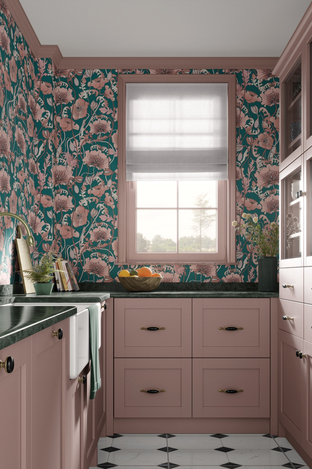 Pink kitchen with turquoise flower wallpaper and black & white tile floor